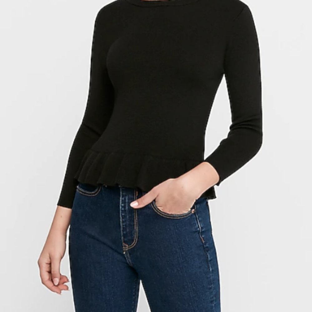NWOT Express Black Crewneck Cotton Peplum Sweater
